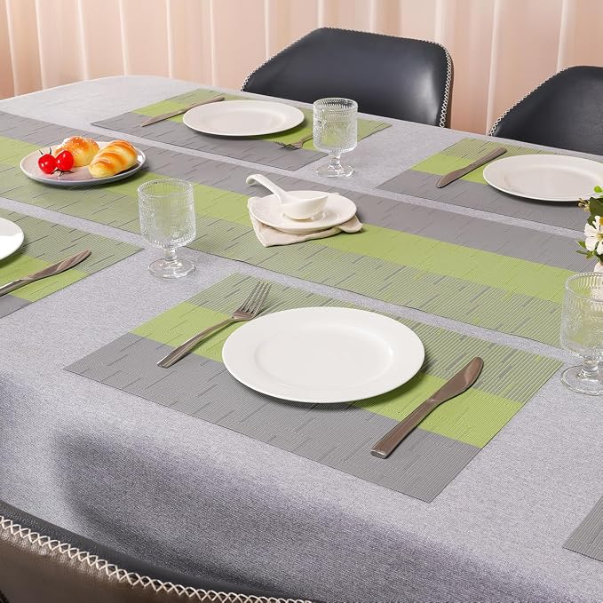Placemats Set of 4, Vinyl Woven Heat-Resistant Place Mats | Washable Wipeable PVC Table Mats, Non Slip Placemat for Kitchen Dining Indoor Outdoor Table (Gray Grass Green, Set of 4)
