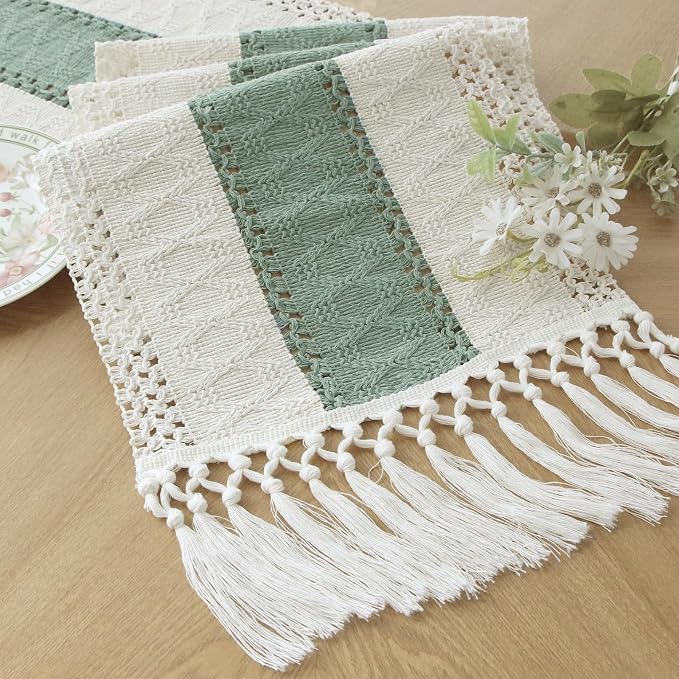 FEXIA Boho Table Runner for Home Decor 12x48 Sage Green Fall Decorations | 48 Inches Long with Tassels Rustic Macrame Farmhouse Table Cover for Wedding Party Bohemian Bridal Shower Dining Decorations