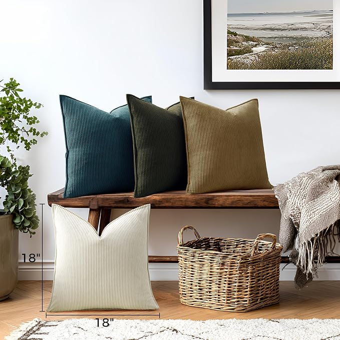 Pack of 4 Throw Pillow Covers Corduroy 18x18 Inch,Green Brown | Decorative Velvet Couch,Summer Cases Square,Farmhouse Boho Cushion Covers for Sofa Bed Living Room Home Decor & Office