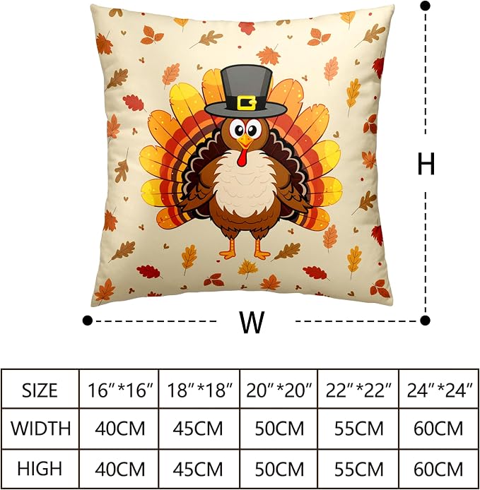 Happy Thanksgiving Pillow Covers 18x18 Cute Cartoon Turkey with Fall Maple Leaves Throw Pillow Covers Square Cotton Blend Pillow Case Set of 2 for Living Room Sofa Bedding