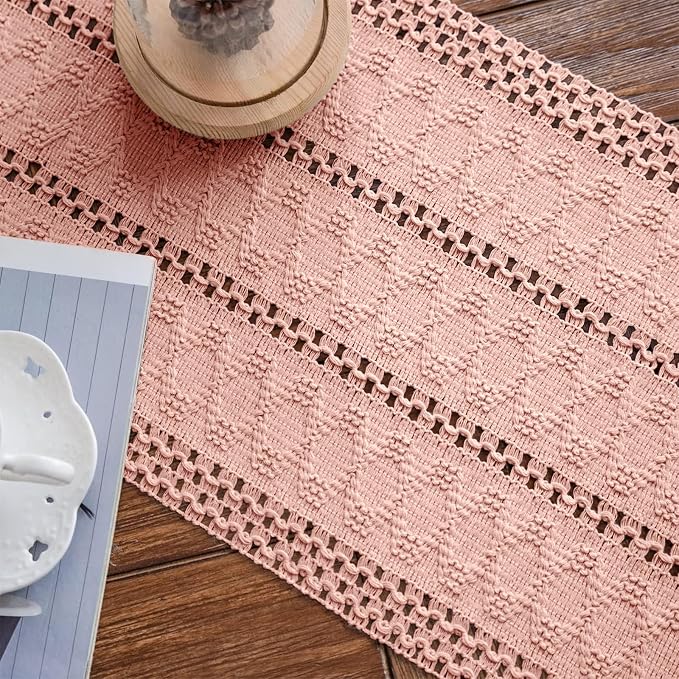 Macrame Table Runner Pure Pink Boho Table Runners with Tassels 12x48in | Alynsehom Hand Woven Cotton Table Runner Rustic Farmhouse Table Runners for Bohemian Kitchen Dining Table