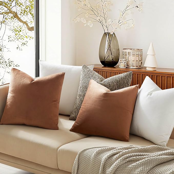 JUSPURBET Decorative Velvet Throw Pillow Covers 18x18 Set of 2,Mocha Mousse