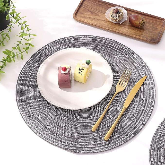 SHACOS Round Braided Placemats Set of 8 Round Table Mats for Dining Tables Non Slip Washable (Black Gray, 8)