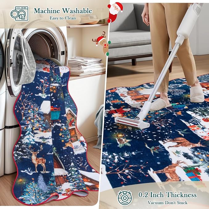 Wonnitar Christmas 2x3 Entryway Rug, Non Slip Washable Small Kitchen Rug, Low Pile Soft Christmas Village Door Mat Indoor Entrance, Xmas Throw Rug for Bathroom Bedside Holiday Decor (Blue,2'x3')