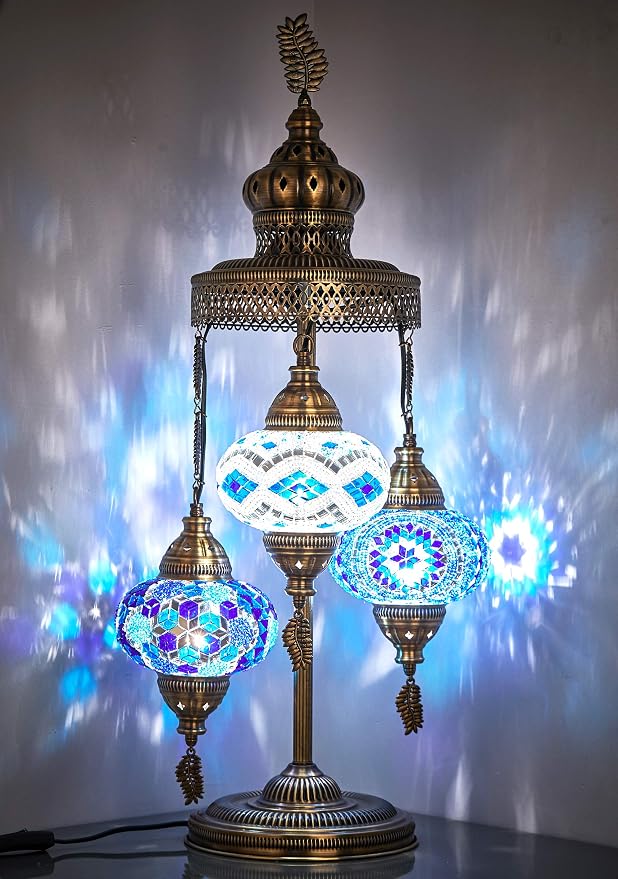 DEMMEX 3 Big Globes XL Magnificent Handmade Turkish Moroccan Mosaic Tiffany Style Table Desk Bedside Lamp Lampshade Exotic Night Accent Light for North American Use, 31" Height (Blue)