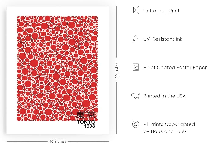 HAUS AND HUES Red Abstract Wall Art – Yayoi Kusama Inspired Japanese Poster, Circle Abstract Wall Decor, Modern Art Exhibition Print (16x20 Unframed)