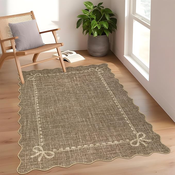COZYLOOM 4x6 Scalloped Rugs for Living Room, Machine Washable Area Rugs with Rubber Backing, Non Shedding Low Pile Bordered Bow Carpet Stain Resistant Soft Mats for Nursery Dining Room Bedroom, Brown