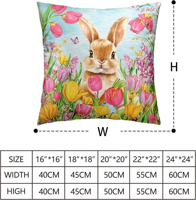 Easter Bunny Pillow Covers 16x16 Set of 2 Lovely Rabbit with Tulip Throw Pillow Covers Spring Pillow Case Floral Cotton Blend Cushion Case for Easter Decor Sofa Patio Garden