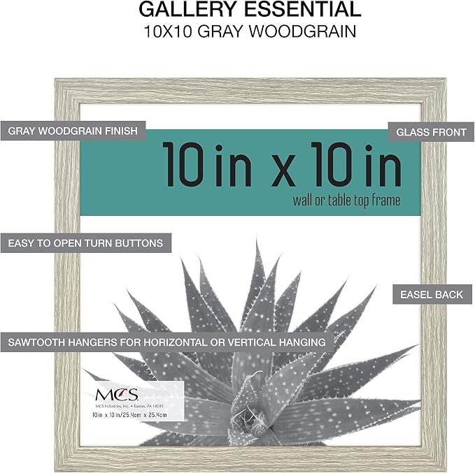 MCS Gallery Essential Picture Frame Set 10x10 Gray Woodgrain, Square Gallery Wall Hanging Picture Frames for Photos & Art Prints (2-Pack)