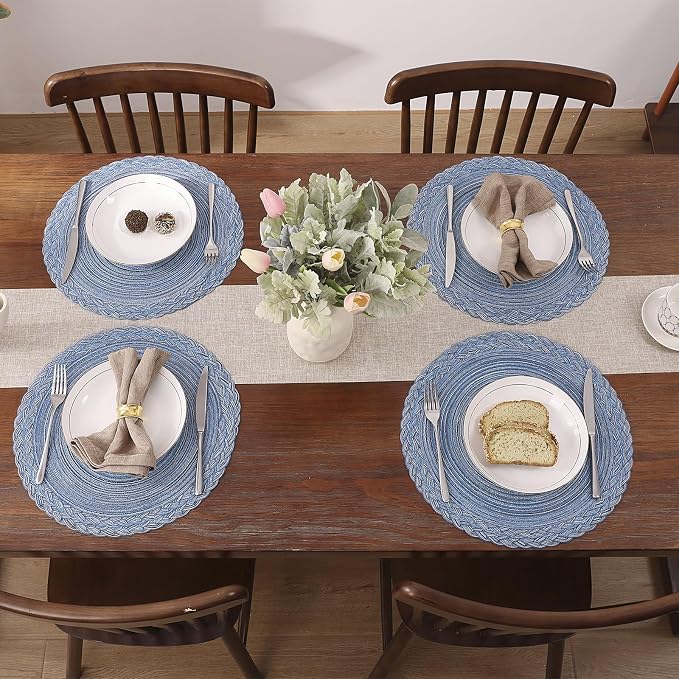 SHACOS Round Placemats Set of 6 Woven Kitchen Table Mats 15 inch Circle Braided Border Washable Cotton Polyester Place Mats, Multicolor Blue Grey