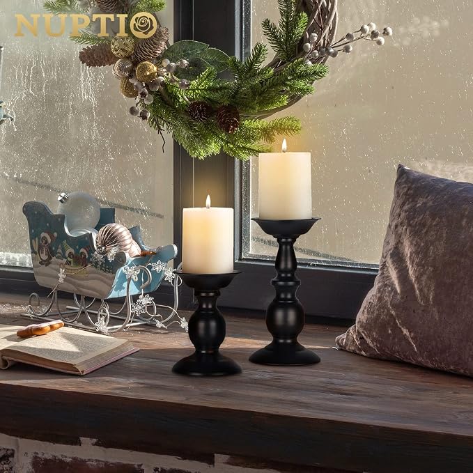 NUPTIO Black Candle Holder for Pillars: Rustic Metal Candle Stands Set
