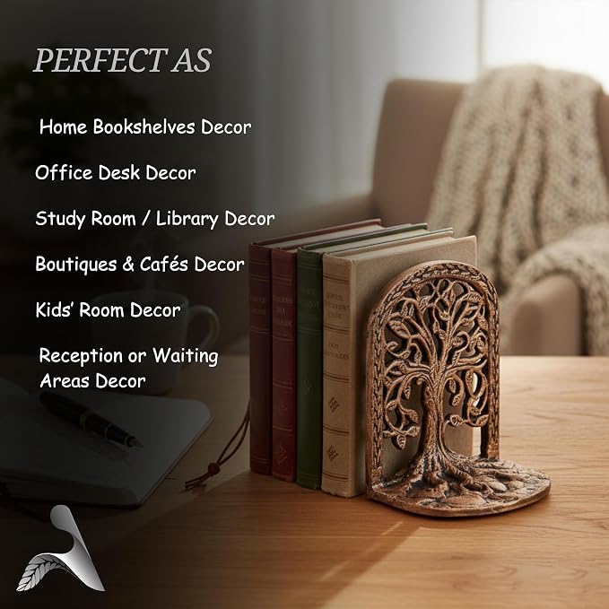 Tree of Life Bookends Set Heavy Duty Metal Book Ends for Shelves | Antique Brass Iron Decorative Bookend Pair for Home, Office, Library or Study | Elegant Vintage Style Book Holder Décor