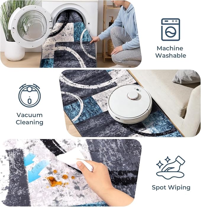 Yamaziot 9x12 Washable Modern Abstract Area Rug Non-Slip Living Room Rug | Stain Resistant, Low Pile, Ultra Soft Carpet Rug with Rubber Backing for Dining Room, Nursery, Bedroom, Office, Blue