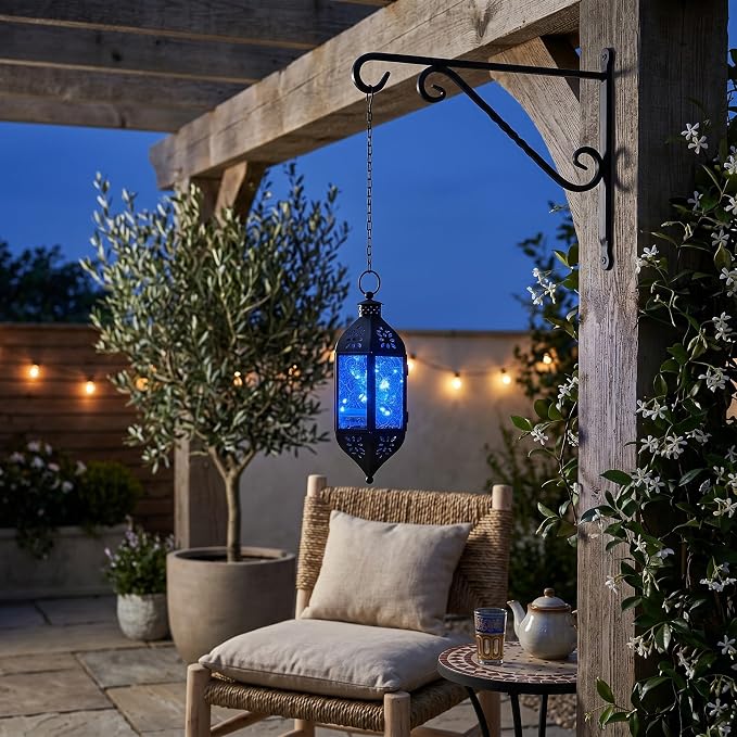 Vela Lanterns Hanging Moroccan Lantern with LED Twinkle Fairy Lights - Exotic Decorative Patio & Porch Decor, Indoor Outdoor Candle Lamp Holder with Chain (13" Large, Cobalt Blue Glass)