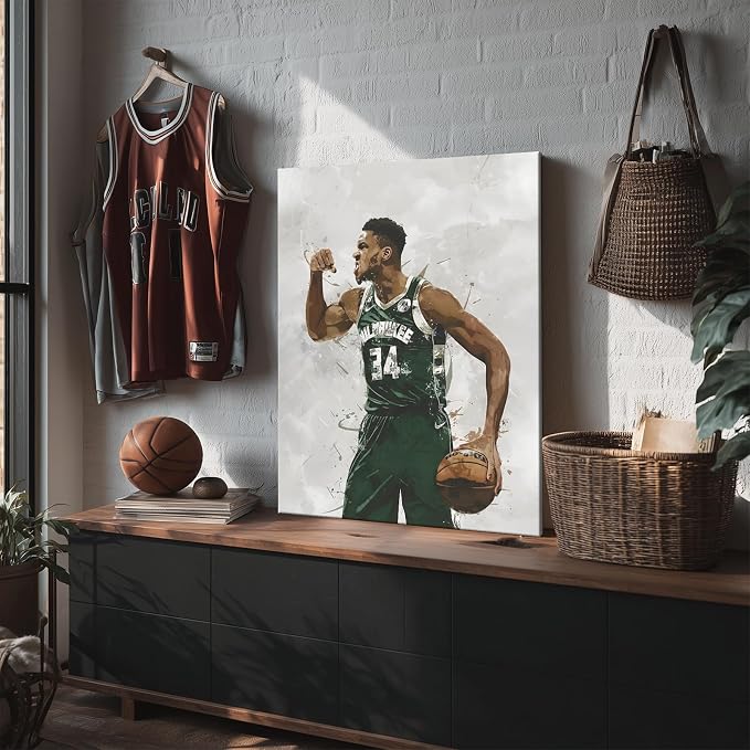 Giannis Antetokounmpo Basketball Canvas Wall Art, Sports Player Poster | Abstract splash ink athletic artwork, motivational sports wall decor for teen boys room, bedroom, living room, gym or office