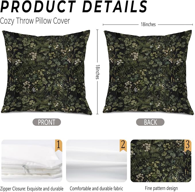 Dark Green Botanical Pillow Covers 18x18, Dark Cottagecore Room Decor, Vintage Moody Green Plant Wildflower Floral Decorative Throw Pillow Covers for Home Bedroom Living Room