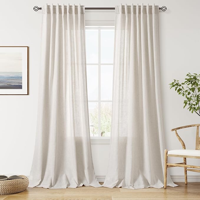 Pearl White Linen Curtains 102 Inches Long for Living Room Light Filtering Semi Sheer Curtain Back Tab Coastal Decor Floor to Ceiling Modern Drapes for Bedroom Office 52x102, 2 Panels