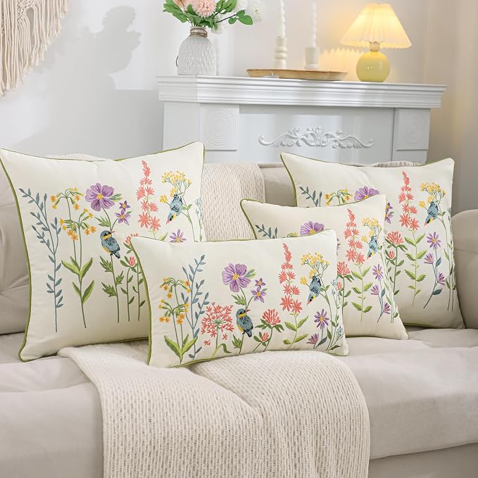 Embroidered Throw Pillow Covers 16x16 Pack of 2 Birds and Flowers | Durable Fabric,Square Pillow Cover,Boho Decorative,Hidden Zipper,Aesthetic Design,Ideal Gift,Machine Washable
