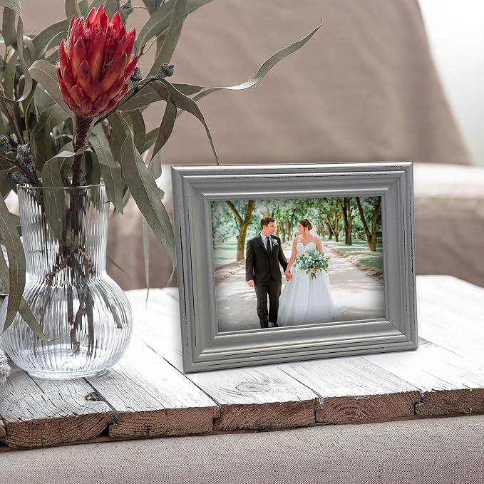 Vintage 6x8 Inches Wooden Picture Frame Pack of 3 Farmhouse Aqua Grey White - Rustic Thick Wood High Definition Glass Photo Frame Outside 8.6x10.6 Inches - 2 Ways Display Tabletop or Wall Mounted