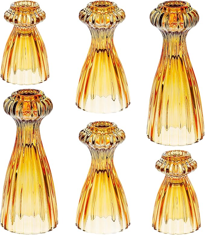 Lysenn Glass Candlestick Holders, Taper Candle Holders Set of 6, Amber