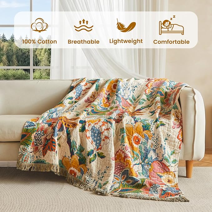 MSGKV Throw Blanket 60"x80" 100% Cotton Ocean Animals Throw for Couch Bed | 100% Cotton Throw, Cute Ocean Animals, Reversible Woven, Summer Breathable, Lightweight Comfort, Farmhouse Decor