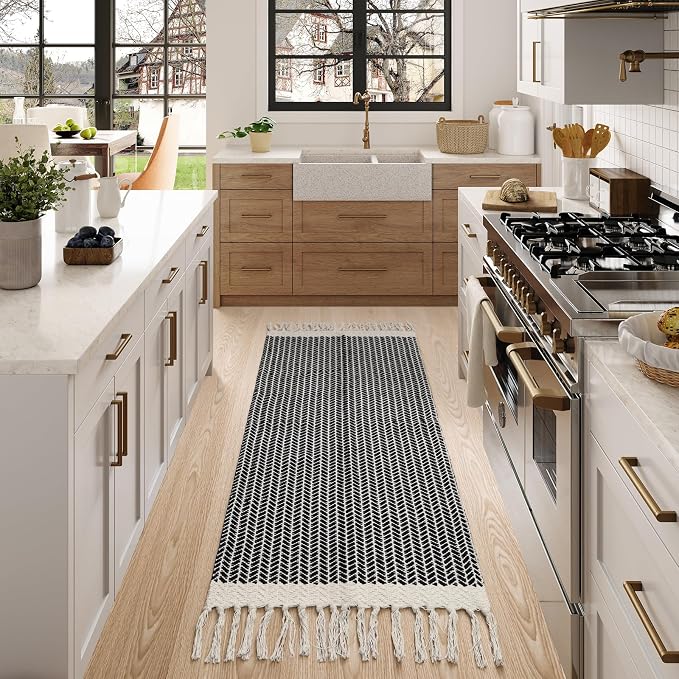 Lahome Boho Bathroom Runner Rug, 2x5 Washable Rugs for Kitchen Hallway | Entryway Laundry Room Throw Carpet with Tassels Woven Cotton, Farmhouse Non Shedding Indoor Door Mat for Bath Bedroom