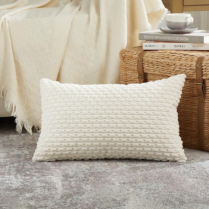Fancy Homi 2 Packs Cream Long Lumbar Decorative Throw Pillow Covers 12x24 Inch for Couch Bed Sofa, Modern Farmhouse Boho Home Decor, Soft Cute Plush Corduroy Rectangle Cushion Case 30x60 CM
