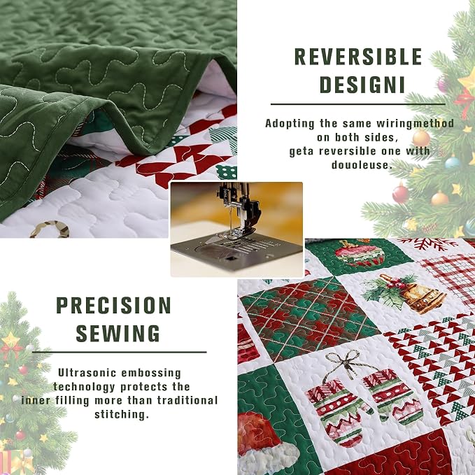 Mybedsoul Christmas Quilt Set King Size, Christmas Patchwork Bedding Set | 3 Pieces Snowflake Wreaths Pine Holiday, Red Vanilla Grid Coverlet Bedspread Coverlet with 2 Pillowcases for All Seasons