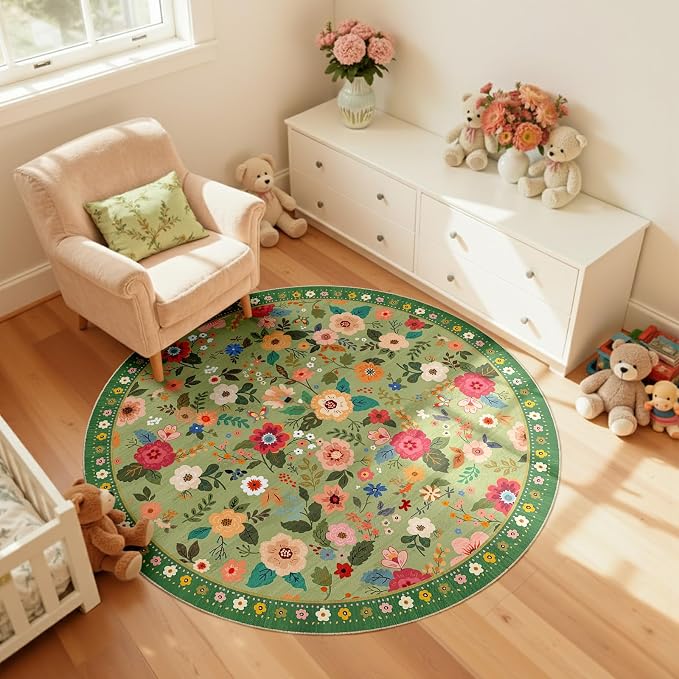 Washable Floral Area Rug for Living Room Round 4ft Light Green | Non-Slip，Vacuum-Friendly, Low Pile, Flower Carpet for Bedroom Kitchen Entryway Dining Room Office Nursery