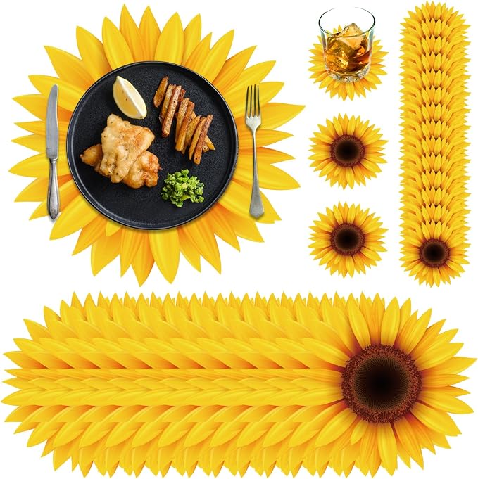Geosar 200 Pcs Sunflower Disposable Paper Placemats Set 12x14 Inch | With Coasters for Drinks, Sunflower Table Decor Outdoor Indoor for Summer Dining Table Decoration Wedding Shower Birthday