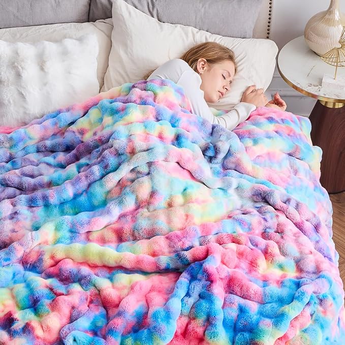 NEWCOSPLAY Faux Fur Bubble Throw Blanket for Couch, Dark Rainbow, 50"x60" | Fluffy Soft Thick Warm Bubble Blanket for Couch Sofa Bed 700GSM, Plush Cozy Luxury Decorative Throw, Gift for Women Men