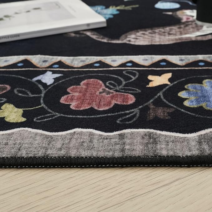 Rugcomf Runner Rug for Kitchen Non Slip 2'6''x8' Washable Rugs with Rubber Backing Soft Floral Animal Cat Carpet Runner for Kitchen Laundry Bedroom Bathroom, Black