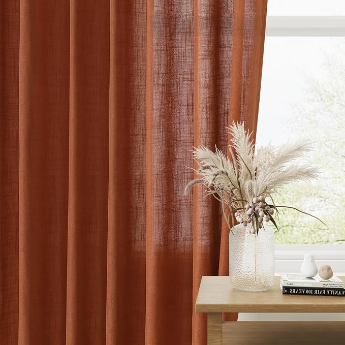 Terracotta Linen Curtains 108 Inch Length for Living Room Bedroom 2 Panels Set Rod Pocket Light Filtering Semi Sheer Window Curtains 52 Inch Width Boho Farmhouse Linen Drapes, W52xL108