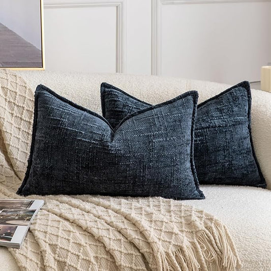 MADIZZ Pack of 2 Chenille Throw Pillow Covers 12x20 Inch Dark Blue Soft Neutral Decorative Throw Pillows for Couch Sofa Boho Accent Cushion Covers Modern Farmhouse Home Decor for Bedroom Living Room