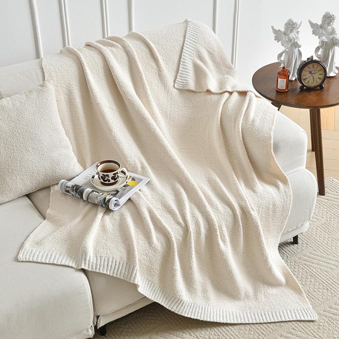 Chunky Knit Boucle Throw Blanket, Soft Washable Coastal Blanket for Bed Couch, Lightweight Cozy Oversized Feather Knit Blanket Indoor Outdoor for Sofa (Ivory White, Twin 60"x80")