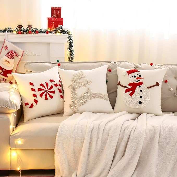 Christmas Throw Pillow Covers 18x18 Set of 2 Beige Xmas Snowflake