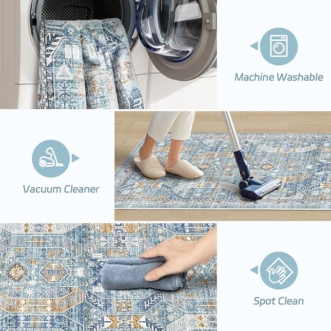 Madane Kitchen Runner 2'6''x8' Soft Rug Runners for Hallways, Blue/Gold | Vintage Machine Washable Rugs 2.5x8 Ft, Non-Slip Low Pile Stain-Resistant 8ft Floor Carpet for Laundry Room Corridor