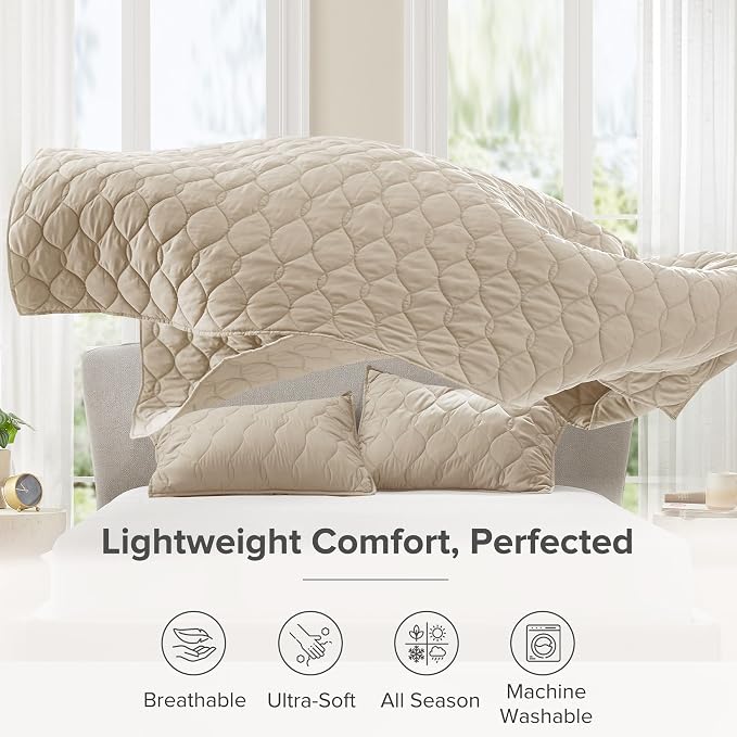 Comfort Spaces Kienna Queen Quilt Bedding Set 3 Piece, 90"x90" Beige Ogee | Soft Cozy Lightweight Summer Coverlet Full Size, Quilted Bedspreads Extra Layer, Modern Casual Bedroom Decor, OEKO-TEX