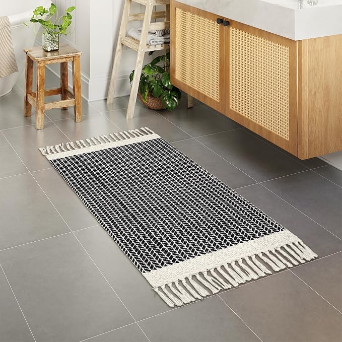 Lahome Boho Bathroom Runner Rug, 2x4.3 Washable Rugs for Kitchen Entryway | Woven Cotton Throw Door Mat with Tassels, Farmhouse Black Non Shedding Lightweight Low Pile Carpet for Entryway Bedroom