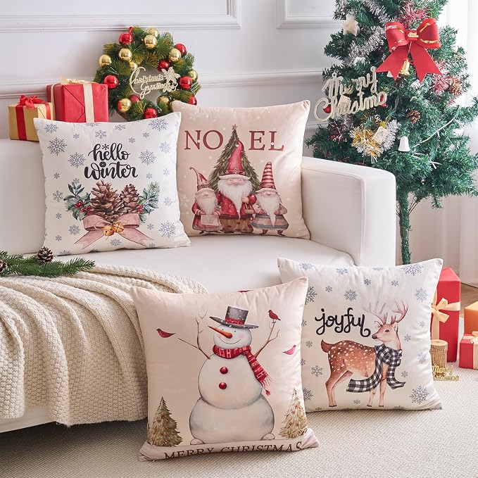 Christmas Throw Pillow Covers Set of 4 for Living Room, Soft & Cozy Velvet, Snowman, Star, Snowflake, Tree Cushion Cover, Festival Sytle Decorative Home (Christmas, 18x18 Inch)