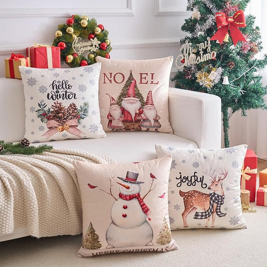 Christmas Throw Pillow Covers Set of 4 for Living Room, Soft & Cozy Velvet, Snowman, Star, Snowflake, Tree Cushion Cover, Festival Sytle Decorative Home (Christmas, 18x18 Inch)