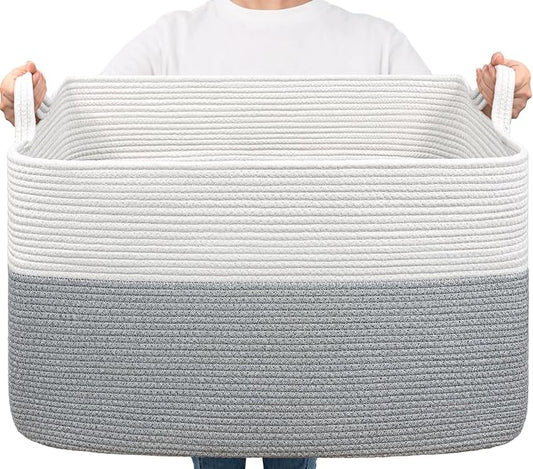 Goodpick 85L Large Woven Rope Blanket Basket, Rectangle, White Gray | 23.6'' x 15.7'' x 13.8'' Storage Basket for Blankets & Pillows, Living Room & Bedroom Organization, Reinforced Handles