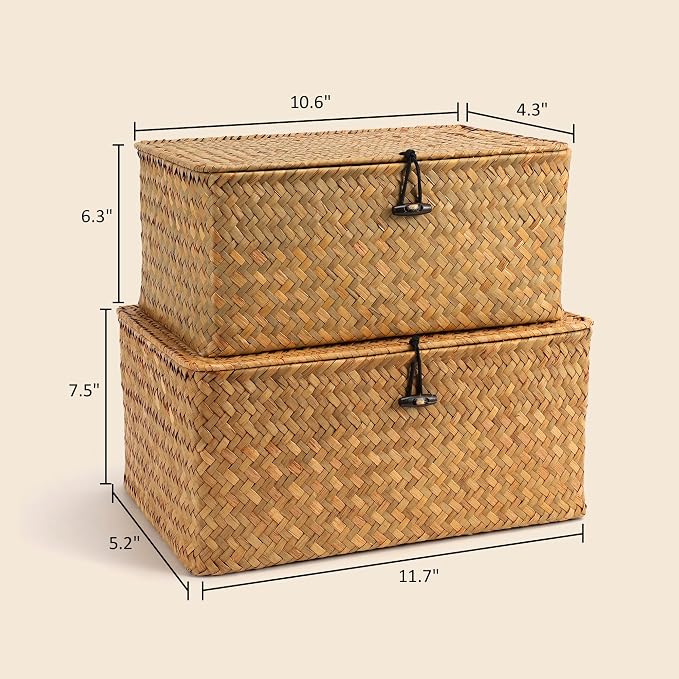 Nonam Wicker Storage Basket with Lid,Seagrass Shelf Basket Set of 2,Natural | Wicker Basket Container for Organizing, Boho Decorative Basket, Rectangular Household Storage Boxes for Home Organization