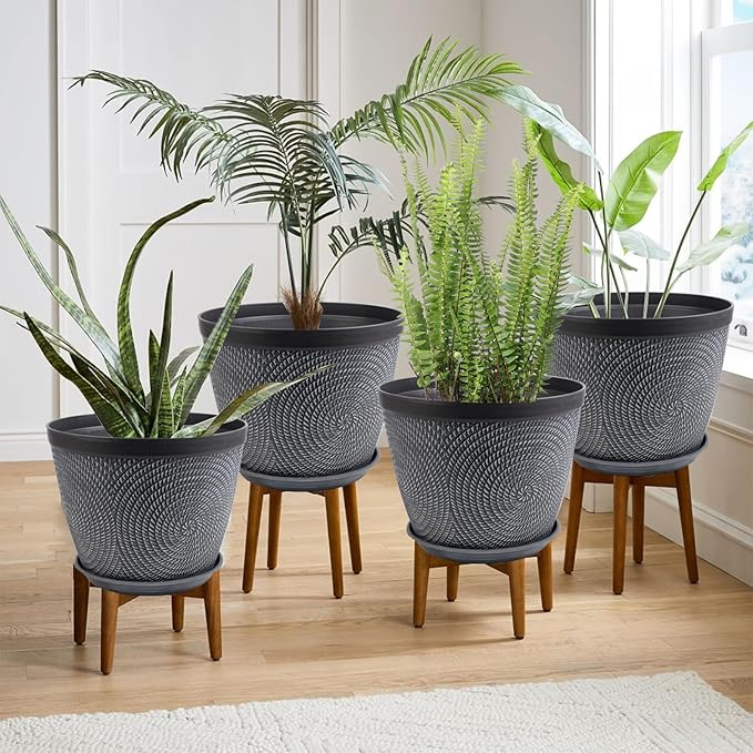 Quarut 4 Pack 8 Inch Flower Pots,Plastic Plant Pots with Drainage Hole&Tray | Odorless,Durablem,Modern Decorative Garden Pot with Saucer, planters for Outdoor Indoor House (Gray)