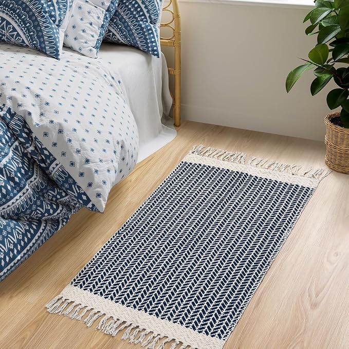 Lahome Boho Bathroom Rugs, Small 2x3 Front Door Mat for Kitchen, Washable | Indoor Entryway Area Rug Woven Cotton with Tassels, Farmhouse Non Shedding Blue Throw Low Pile Carpet for Bath Entry Laundry