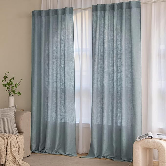 MIULEE Dusty Blue Linen Curtains 52x72 Inch 2 Panel for Bedroom Living Room | Soft Thick Linen Textured Window Drapes, Semi Sheer Light Filtering, Back Tab Rod Pocket, Burlap Look Light Blue Decor