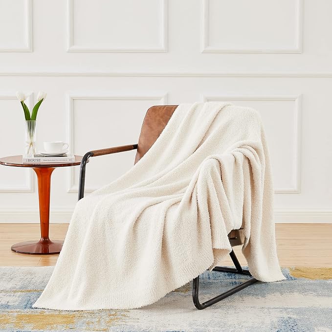 CYMULA Super Soft Knit Throw Blanket Twin Size Cream White-Lightweight Plush Fuzzy Fluffy Warm Cozy Blankets and Throws for Sofa Bed All Season Use
