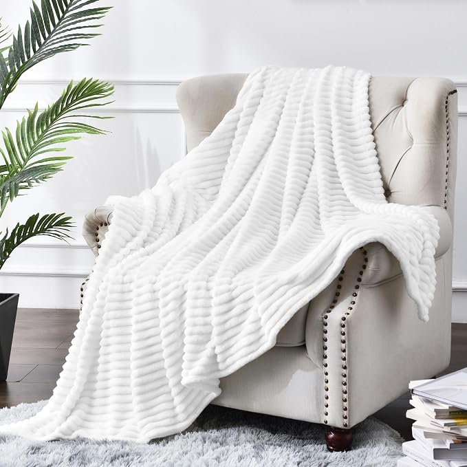 BEDELITE 3D Ribbed Jacquard White Fleece Twin Blanket for Bed, 60x80 Inch | Soft Warm Decorative Fluffy Blanket, Cozy Plush Lightweight Fuzzy Throw Blanket for Couch Sofa Room Decor, Gift for Women