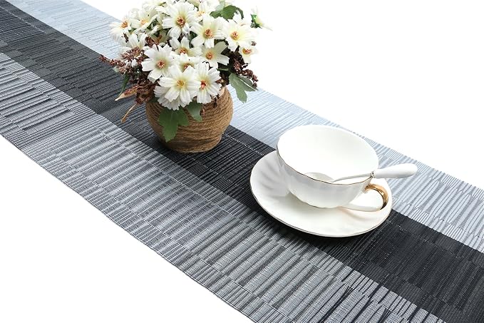 SHACOS Woven Vinyl Table Runner PVC Table Runner 12 x 71 inch Wipe Clean Indoor Outdoor, Ombre Black and Gray