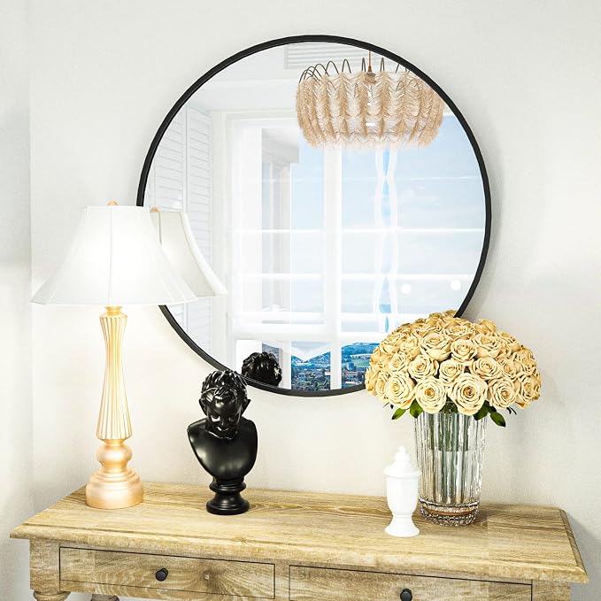 HARRITPURE Round Mirror 23.6" Black Wall Mounted Circle Mirror with Aluminum Alloy Frame Modern Design for Bathroom, Living Room, Vanity, Bedroom, Entryway